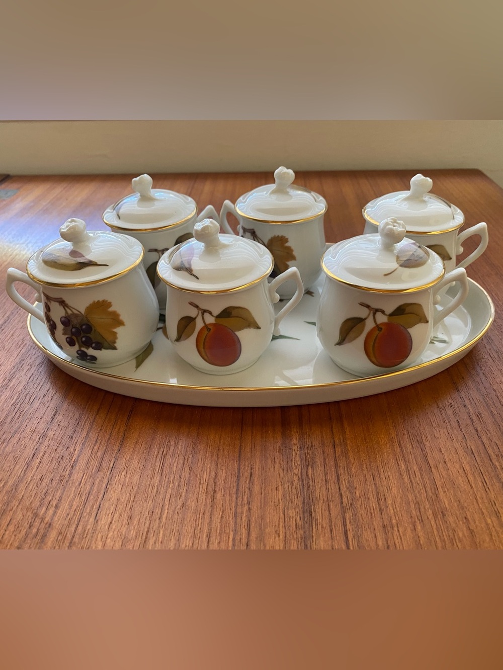 Vintage Royal Worcester Evesham Pot De Creme Set Of 6 With Lids And Platter